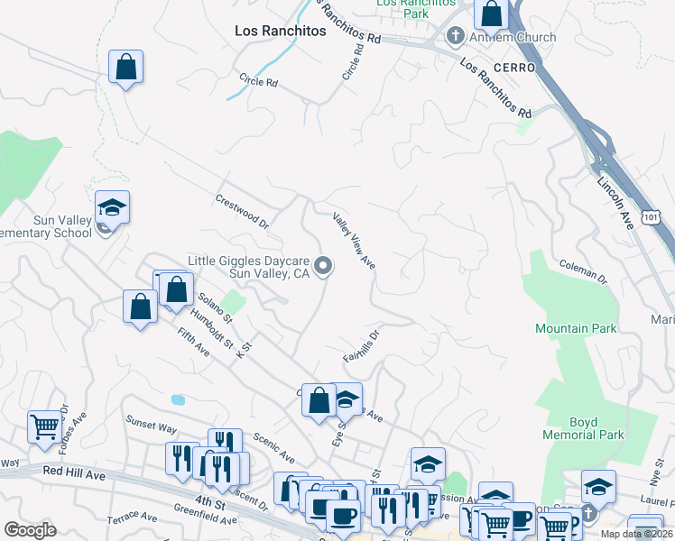 map of restaurants, bars, coffee shops, grocery stores, and more near 25 Valley View Avenue in San Rafael