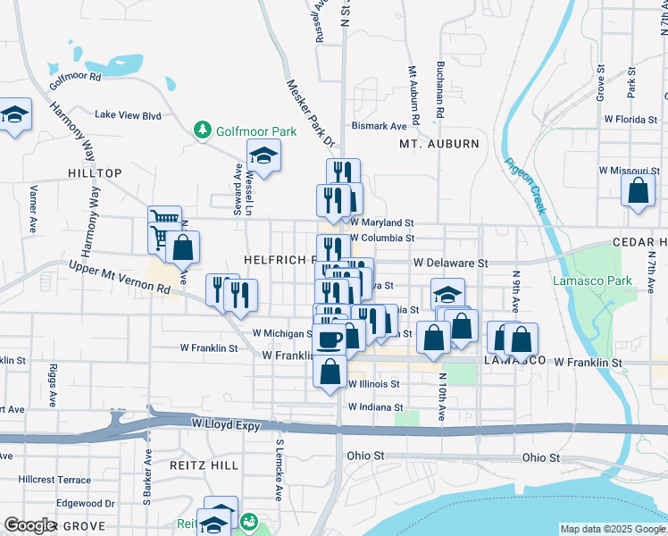 map of restaurants, bars, coffee shops, grocery stores, and more near 704 Hess Avenue in Evansville