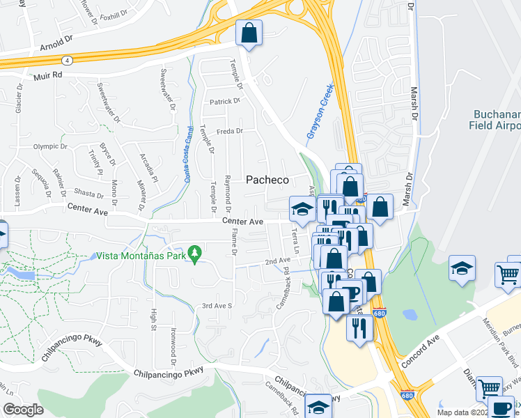 map of restaurants, bars, coffee shops, grocery stores, and more near 29 Temple Court in Pacheco
