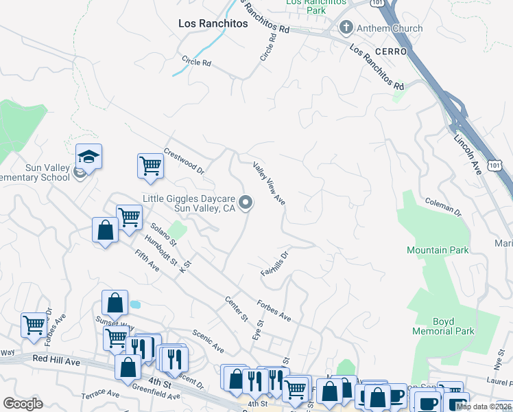 map of restaurants, bars, coffee shops, grocery stores, and more near 25 Valley View Avenue in San Rafael