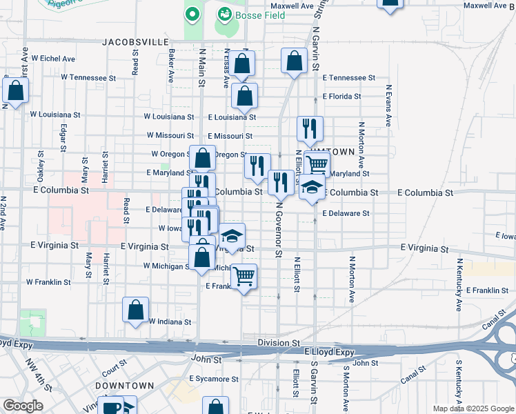 map of restaurants, bars, coffee shops, grocery stores, and more near 309 East Columbia Street in Evansville