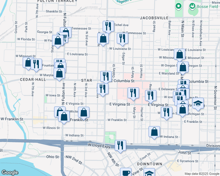 map of restaurants, bars, coffee shops, grocery stores, and more near 713 North First Avenue in Evansville