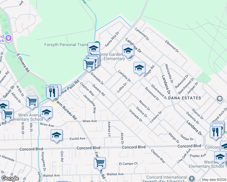 map of restaurants, bars, coffee shops, grocery stores, and more near 1860 Granada Drive in Concord