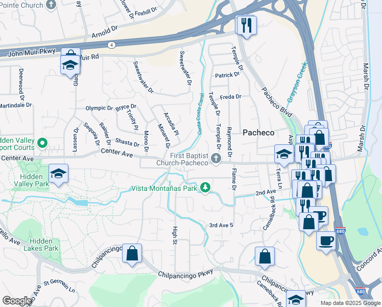map of restaurants, bars, coffee shops, grocery stores, and more near 124 Fuschia Court in Martinez