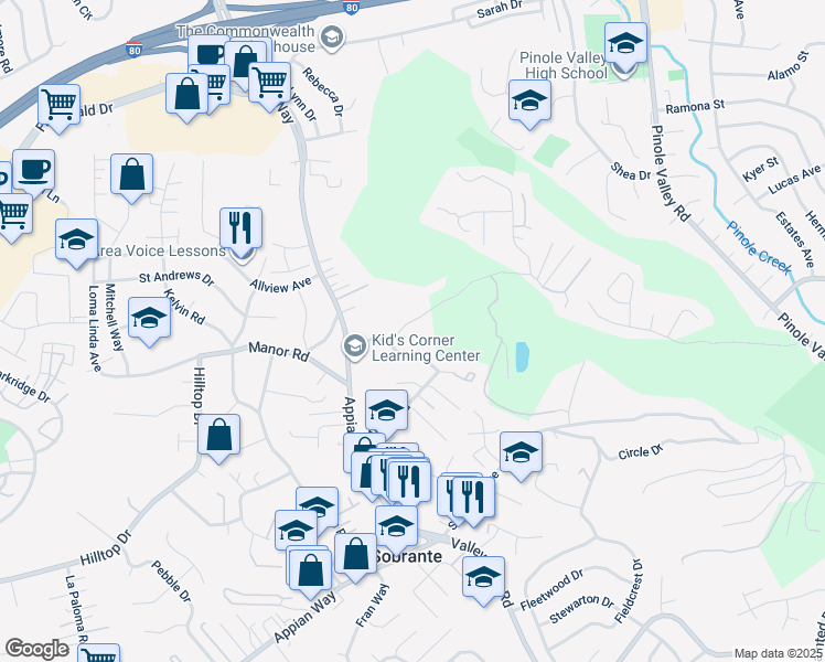 map of restaurants, bars, coffee shops, grocery stores, and more near 2116 Rancho Road in El Sobrante