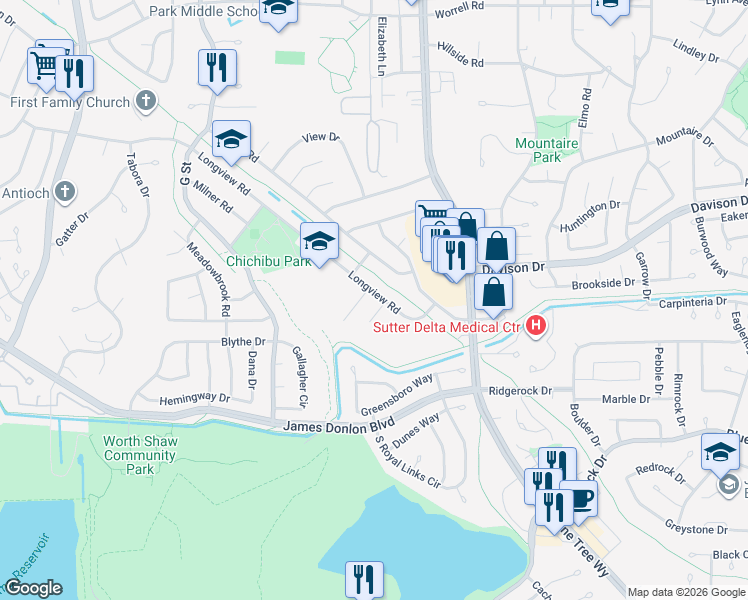 map of restaurants, bars, coffee shops, grocery stores, and more near 3524 Longview Road in Antioch