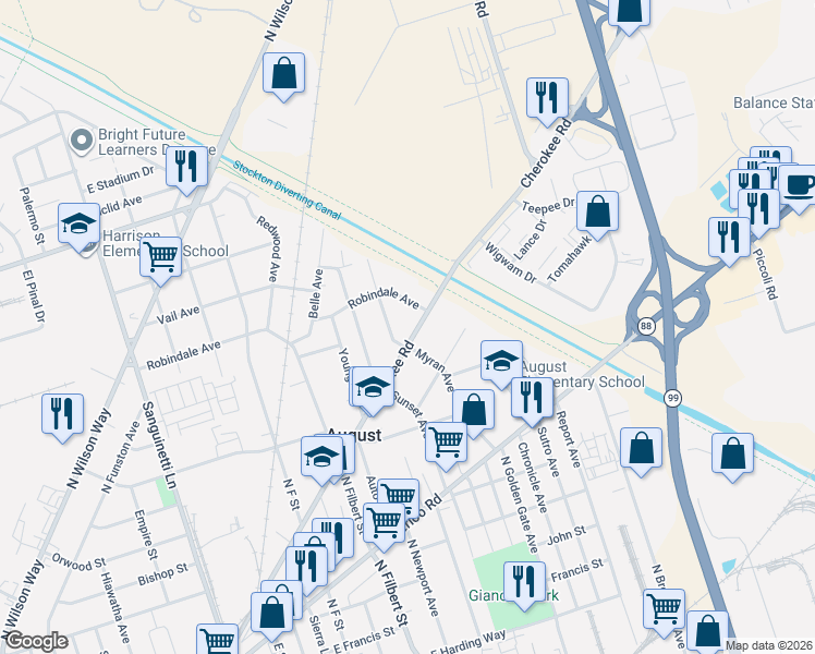 map of restaurants, bars, coffee shops, grocery stores, and more near 2784 Robindale Avenue in Stockton
