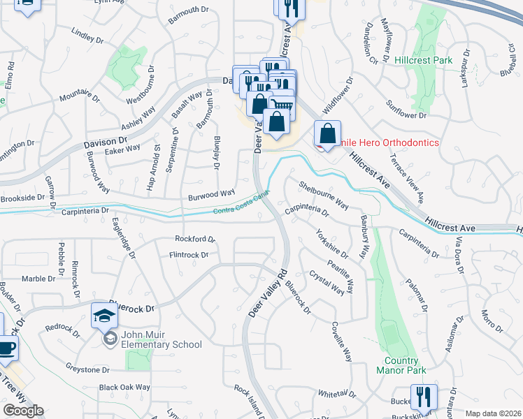 map of restaurants, bars, coffee shops, grocery stores, and more near 2117 Stratford Court in Antioch