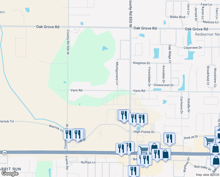 map of restaurants, bars, coffee shops, grocery stores, and more near 8644 Vann Road in Newburgh