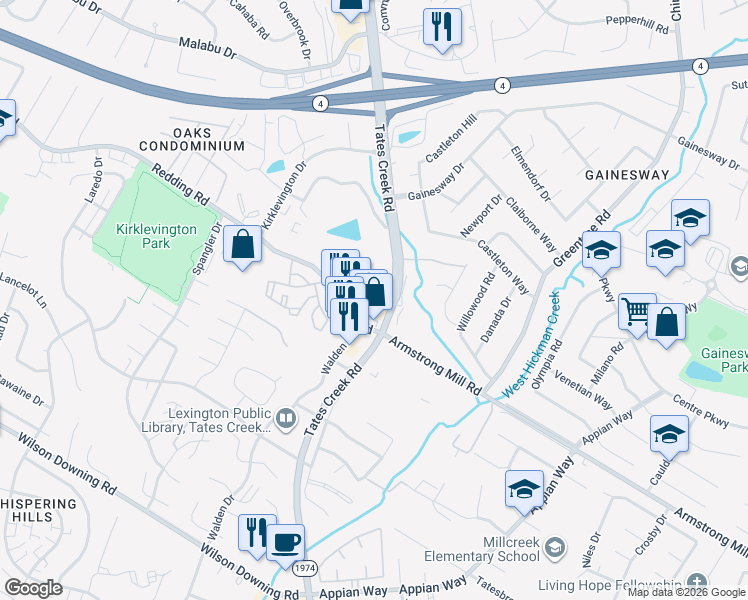 map of restaurants, bars, coffee shops, grocery stores, and more near 3575 Tates Creek Road in Lexington