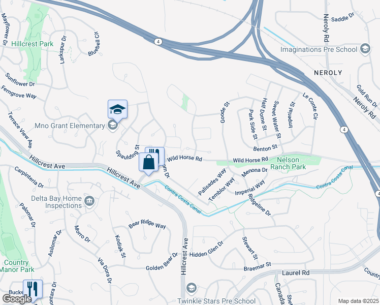 map of restaurants, bars, coffee shops, grocery stores, and more near 4158 Tulare Court in Antioch