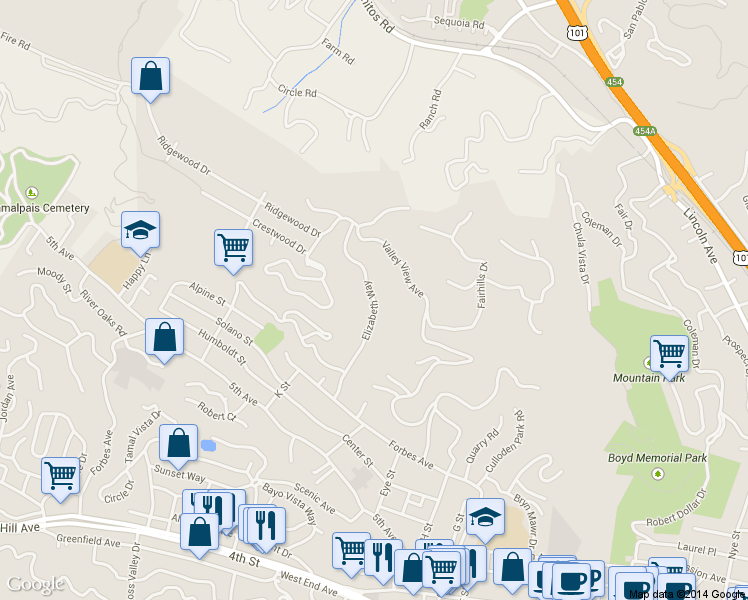 map of restaurants, bars, coffee shops, grocery stores, and more near 25 Valley View Avenue in San Rafael
