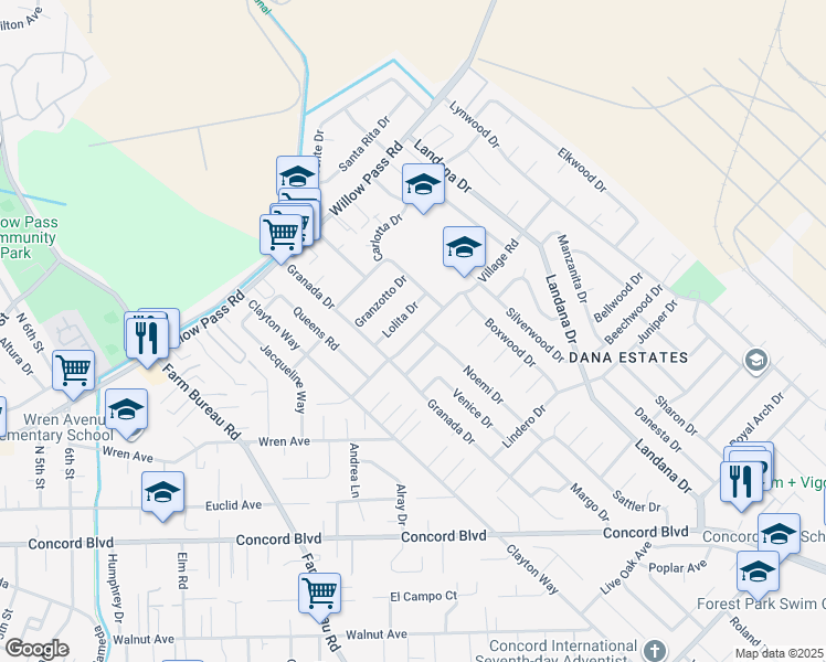 map of restaurants, bars, coffee shops, grocery stores, and more near 3642 Lolita Drive in Concord