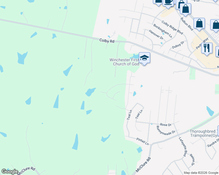 map of restaurants, bars, coffee shops, grocery stores, and more near 133 Gadwall Lane in Winchester