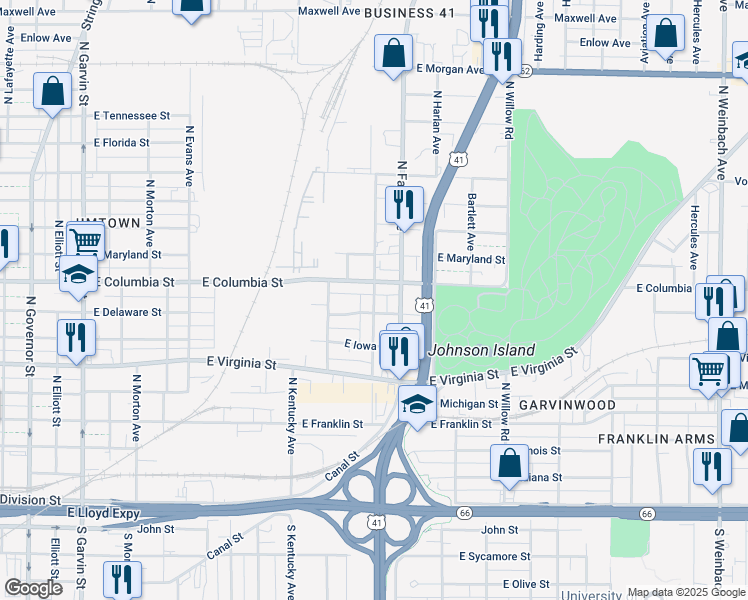 map of restaurants, bars, coffee shops, grocery stores, and more near 706 North Kerth Avenue in Evansville