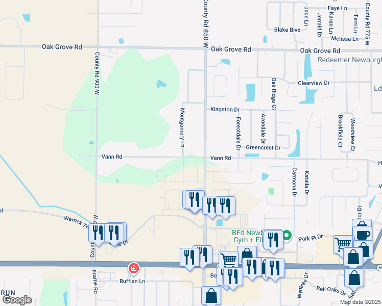 map of restaurants, bars, coffee shops, grocery stores, and more near 8566 South Vann Road in Newburgh