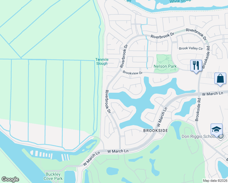 map of restaurants, bars, coffee shops, grocery stores, and more near 4005 Pine Lake Circle in Stockton