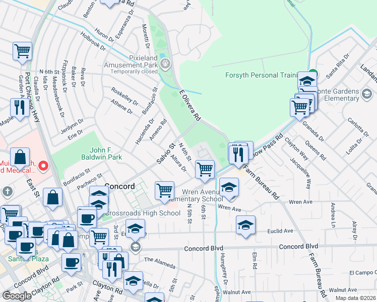 map of restaurants, bars, coffee shops, grocery stores, and more near 1970 North 6th Street in Concord