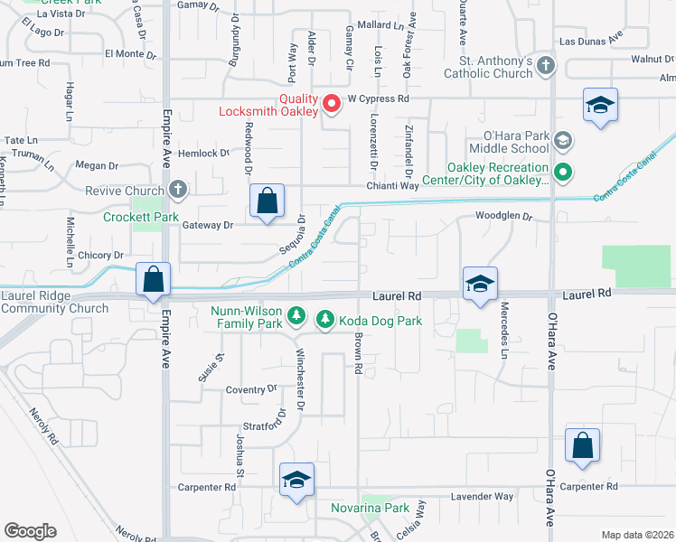 map of restaurants, bars, coffee shops, grocery stores, and more near 1534 Larkspur Court in Oakley