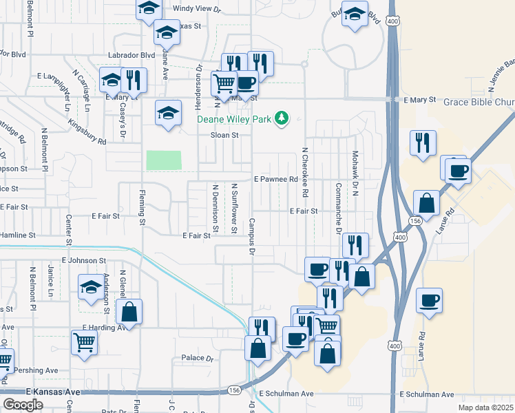 map of restaurants, bars, coffee shops, grocery stores, and more near 2105 Arapaho Drive North in Garden City