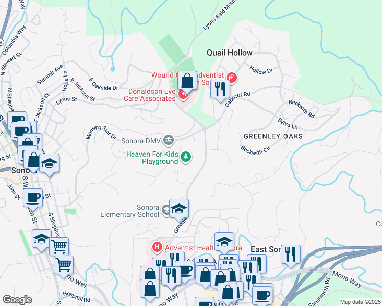 map of restaurants, bars, coffee shops, grocery stores, and more near 420 Greenley Road in Sonora
