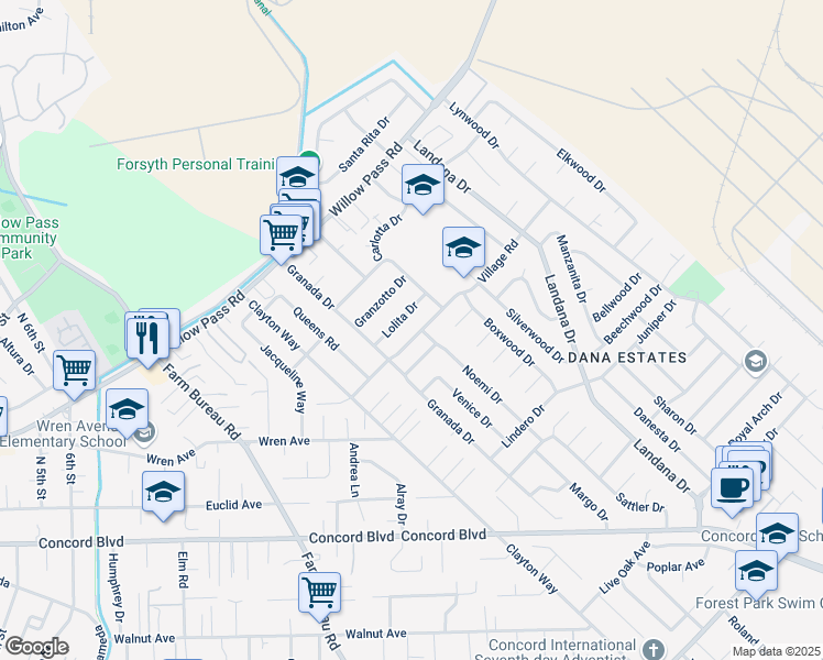 map of restaurants, bars, coffee shops, grocery stores, and more near 3642 Lolita Drive in Concord