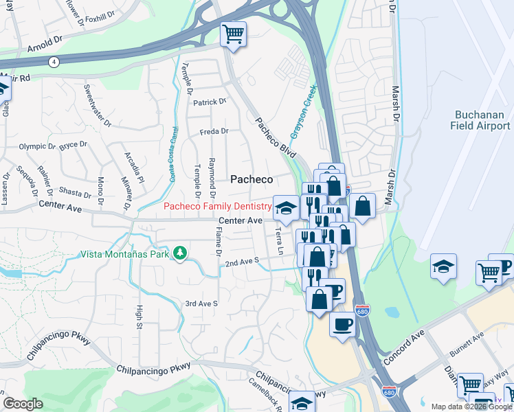 map of restaurants, bars, coffee shops, grocery stores, and more near 333 Pantano Circle in Pacheco