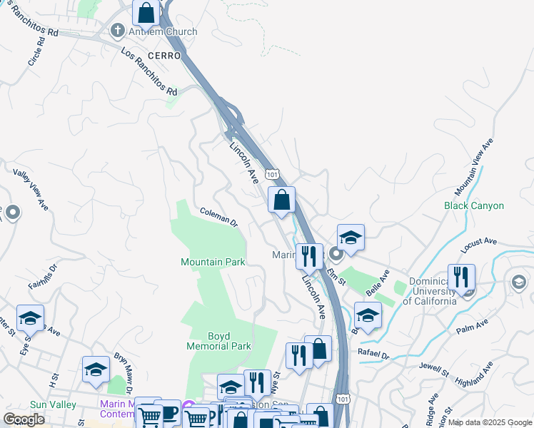 map of restaurants, bars, coffee shops, grocery stores, and more near 1600 Lincoln Avenue in San Rafael