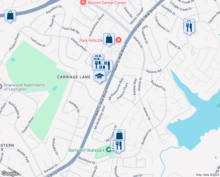 map of restaurants, bars, coffee shops, grocery stores, and more near 3203 Paxson Court in Lexington