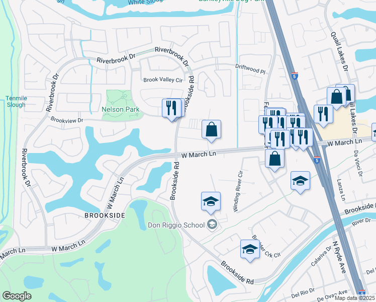map of restaurants, bars, coffee shops, grocery stores, and more near 3255 West March Lane in Stockton