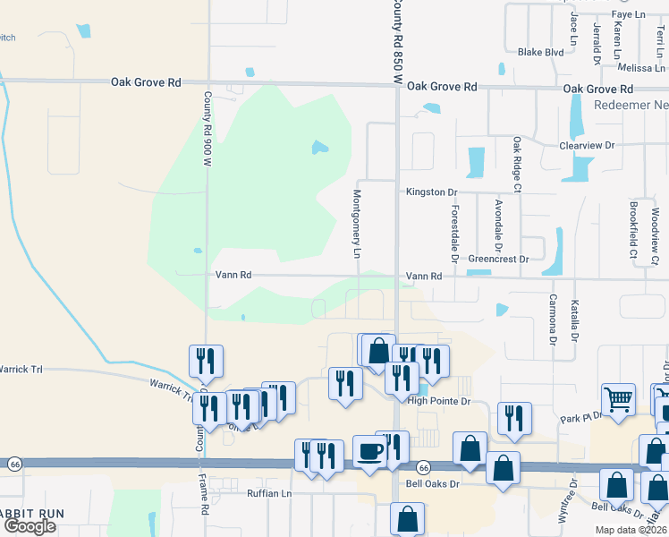 map of restaurants, bars, coffee shops, grocery stores, and more near 8644 Vann Road in Newburgh