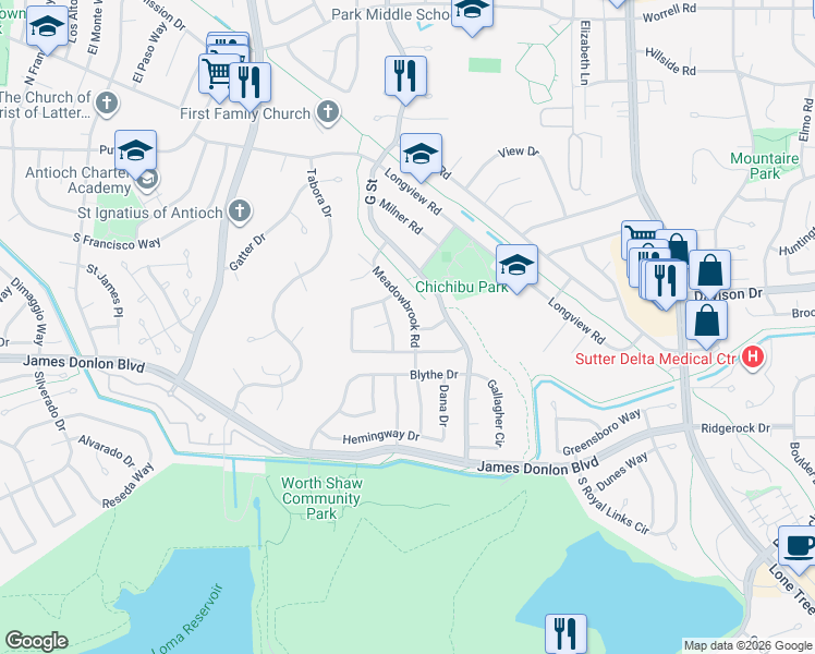 map of restaurants, bars, coffee shops, grocery stores, and more near 3304 Fraser Road in Antioch