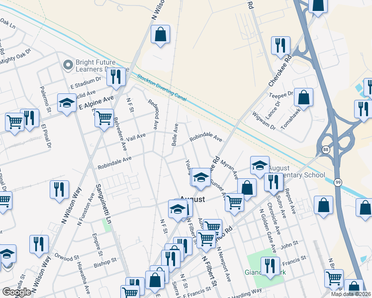 map of restaurants, bars, coffee shops, grocery stores, and more near 2604 Young Avenue in Stockton