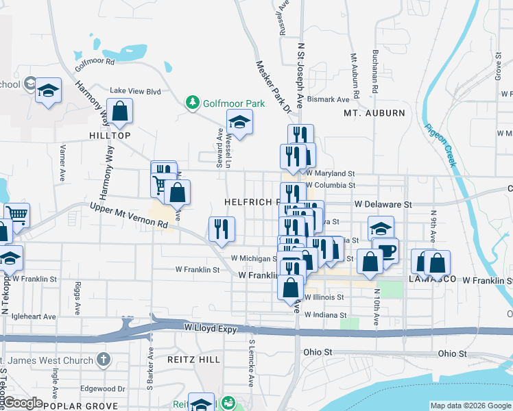 map of restaurants, bars, coffee shops, grocery stores, and more near 702 North Bell Avenue in Evansville