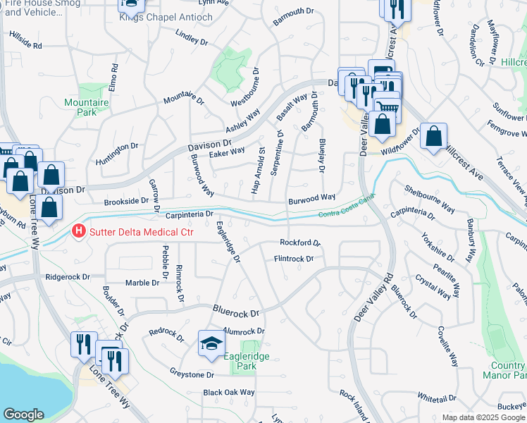 map of restaurants, bars, coffee shops, grocery stores, and more near 3417 Serpentine Drive in Antioch