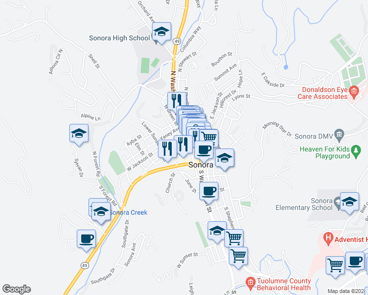 map of restaurants, bars, coffee shops, grocery stores, and more near 65 North Norlin Street in Sonora