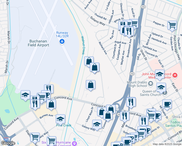 map of restaurants, bars, coffee shops, grocery stores, and more near 2411 Stanwell Drive in Concord