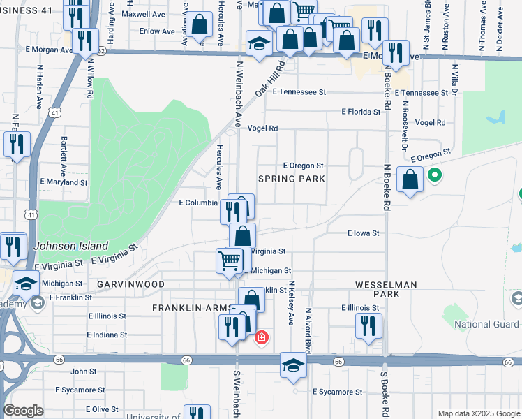 map of restaurants, bars, coffee shops, grocery stores, and more near 2050 East Columbia Street in Evansville