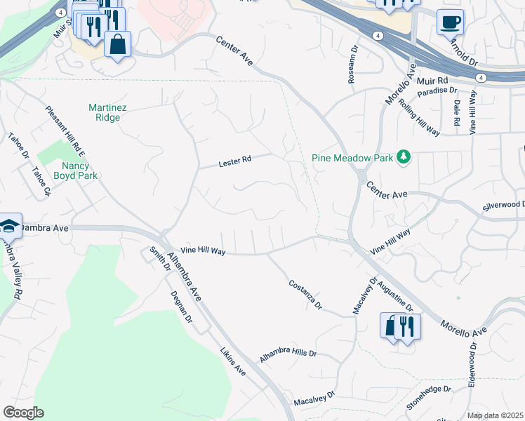 map of restaurants, bars, coffee shops, grocery stores, and more near 3071 Hampton Road in Martinez