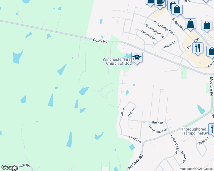 map of restaurants, bars, coffee shops, grocery stores, and more near 133 Gadwall Lane in Winchester