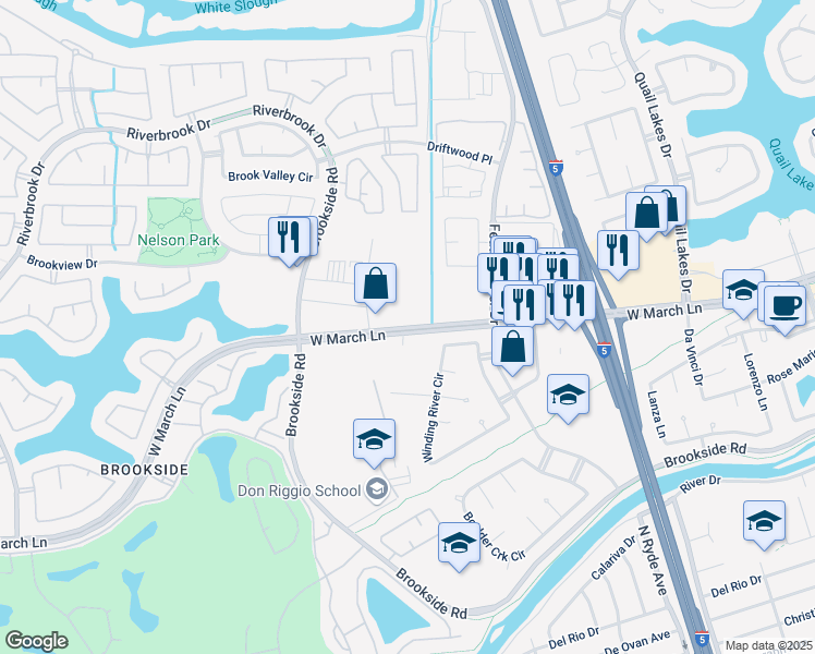 map of restaurants, bars, coffee shops, grocery stores, and more near 3121 West March Lane in Stockton