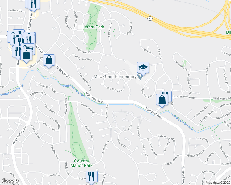 map of restaurants, bars, coffee shops, grocery stores, and more near 3531 Baywood Circle in Antioch