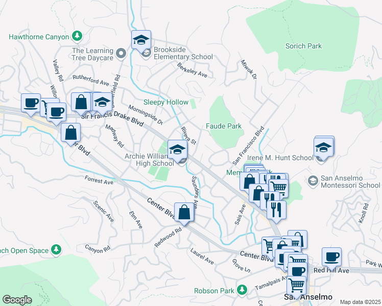 map of restaurants, bars, coffee shops, grocery stores, and more near 26 Cordone Drive in San Anselmo