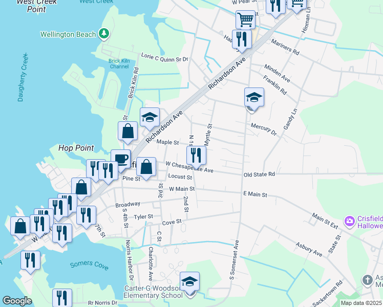 map of restaurants, bars, coffee shops, grocery stores, and more near 215 North 1st Street in Crisfield