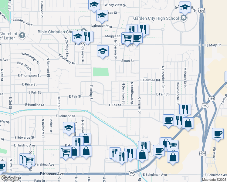 map of restaurants, bars, coffee shops, grocery stores, and more near 1701-1799 Bluff Court in Garden City