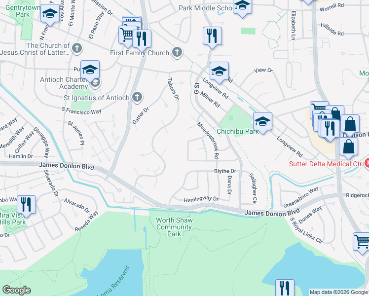 map of restaurants, bars, coffee shops, grocery stores, and more near 3404 Mountain View Road in Antioch