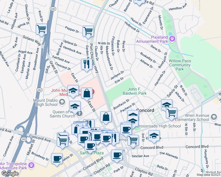 map of restaurants, bars, coffee shops, grocery stores, and more near 2525 Erie Drive in Concord