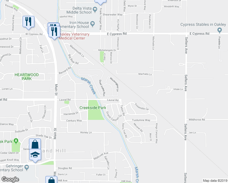 map of restaurants, bars, coffee shops, grocery stores, and more near 230 Robinwood Avenue in Oakley