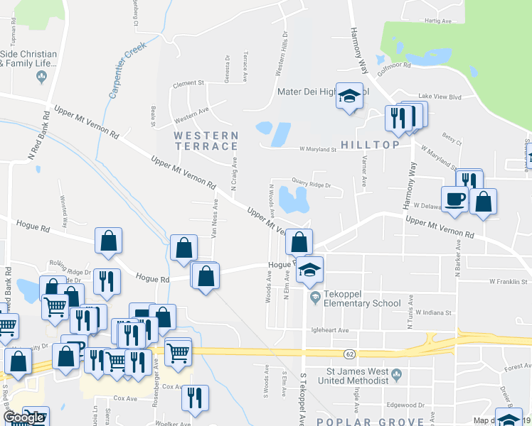 map of restaurants, bars, coffee shops, grocery stores, and more near 638 North Woods Avenue in Evansville