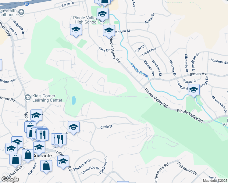 map of restaurants, bars, coffee shops, grocery stores, and more near 2111 Whippoorwill Court in Pinole